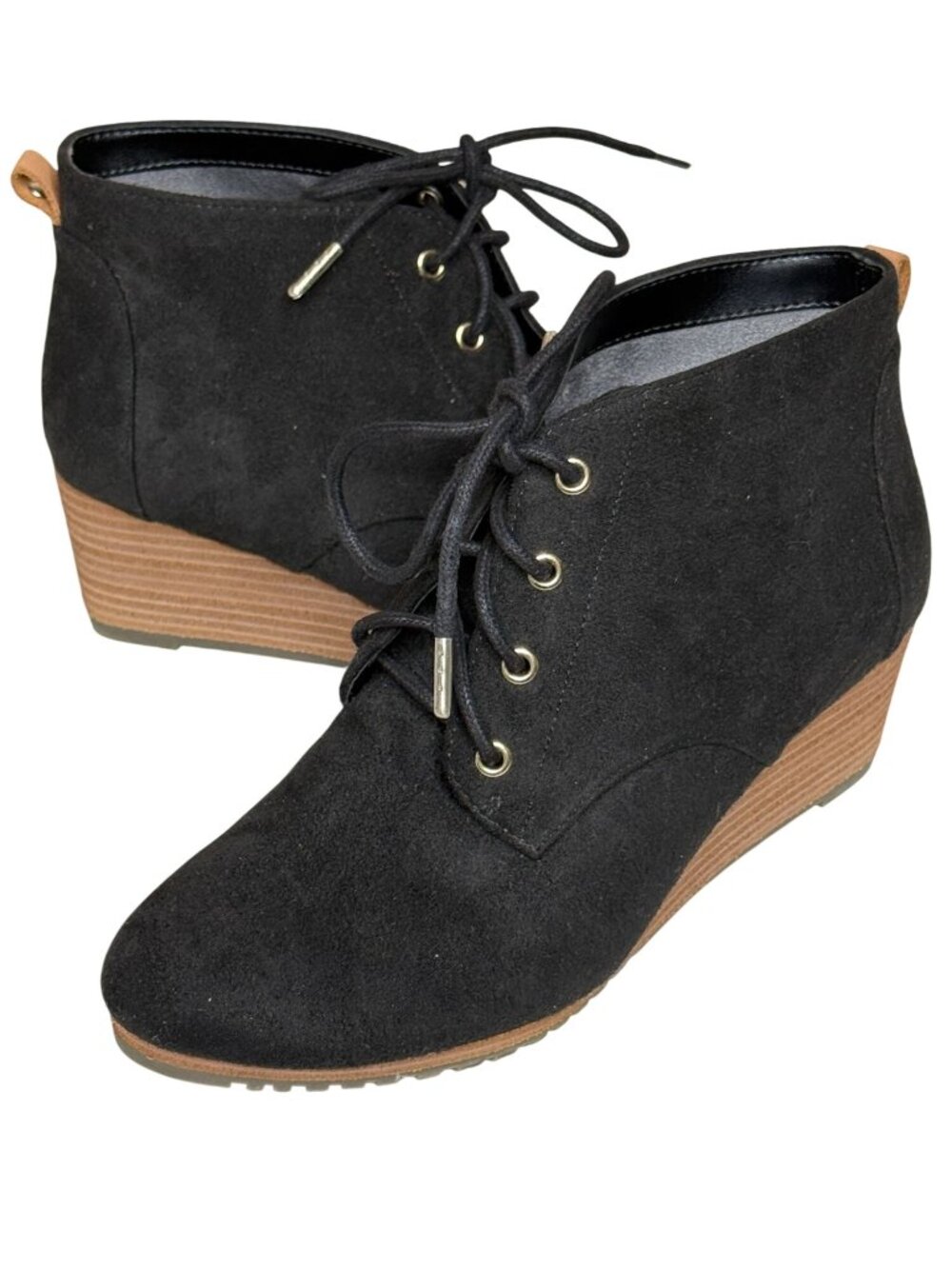 Dr Scholls Womens 7 Black Suede Wedge Ankle Boots Lace Up Comfort Booties